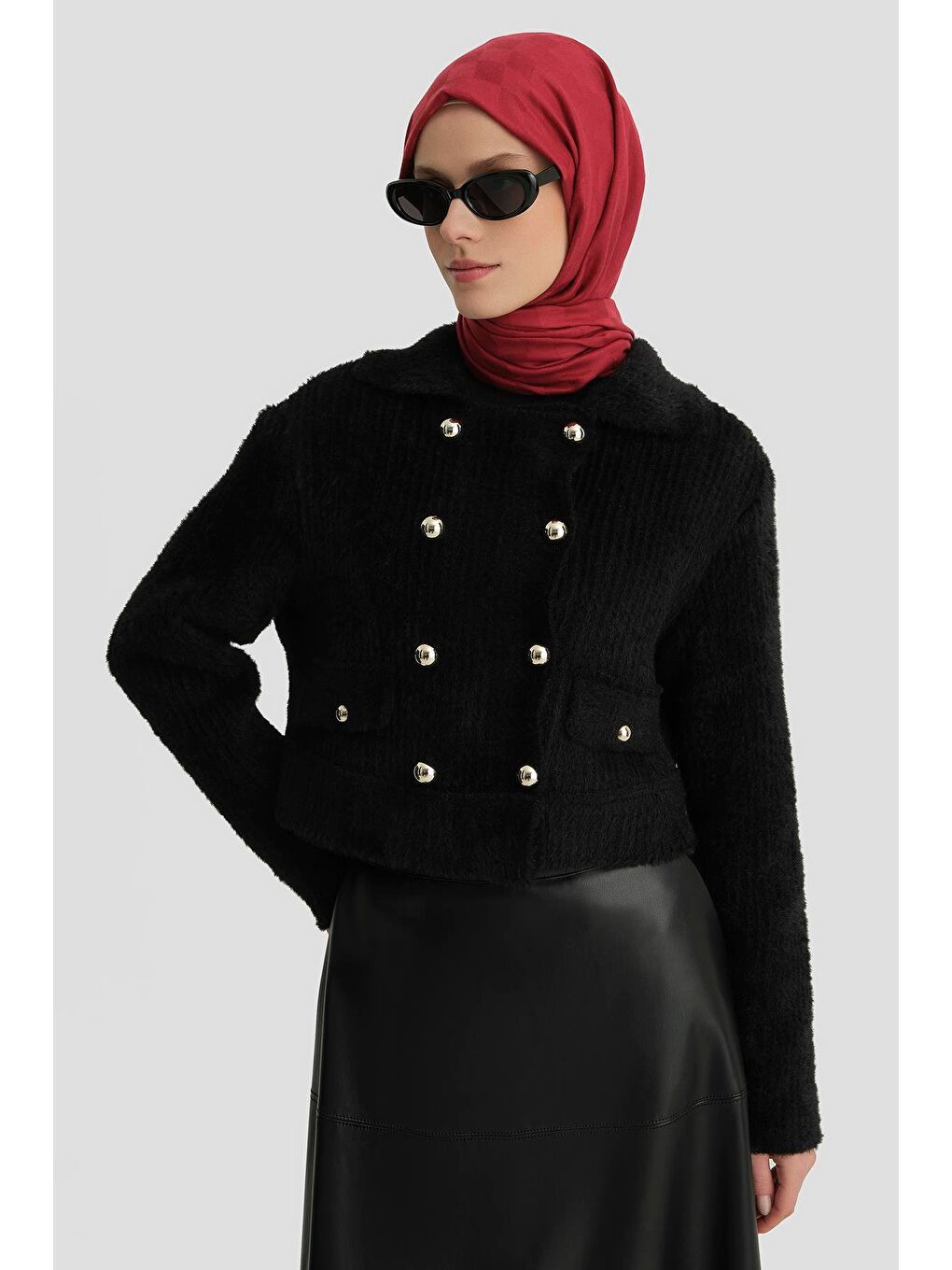 Tüylü Triko Ceket 24K5718 Siyah-2