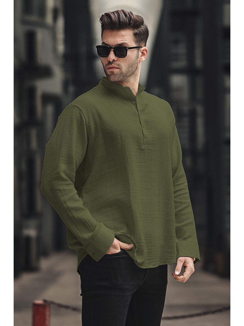 Haki Müslin Uzun Kollu Erkek Gömlek 6742-2