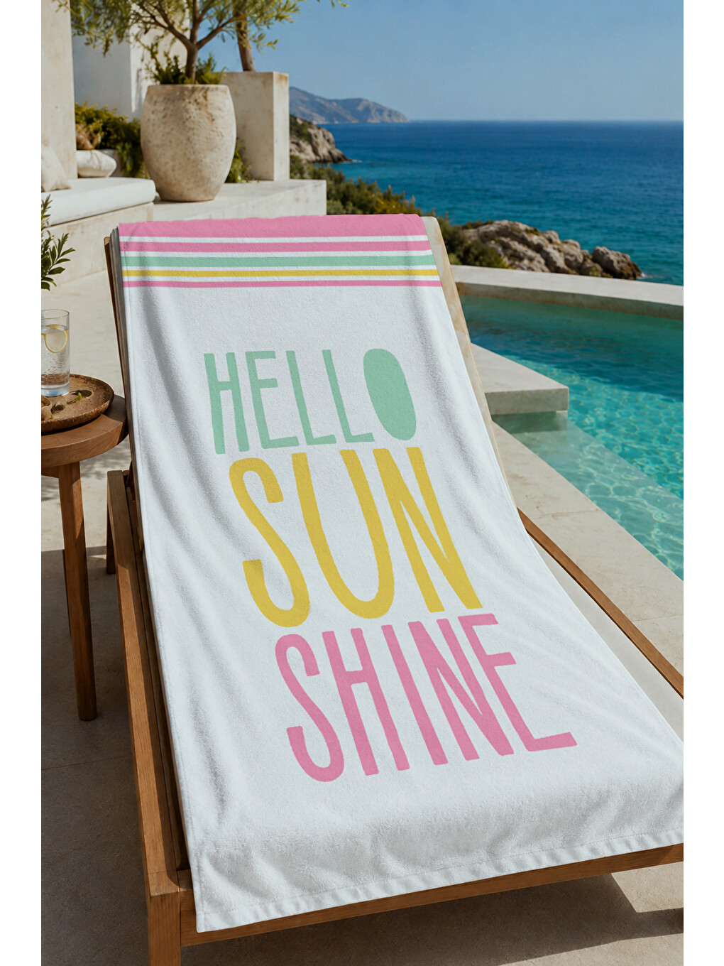 Mavi Pastel Çizgili Hello Sunshine Yazılı 70x150 Cm Dijital Baskılı Plaj Ve Banyo Havlusu