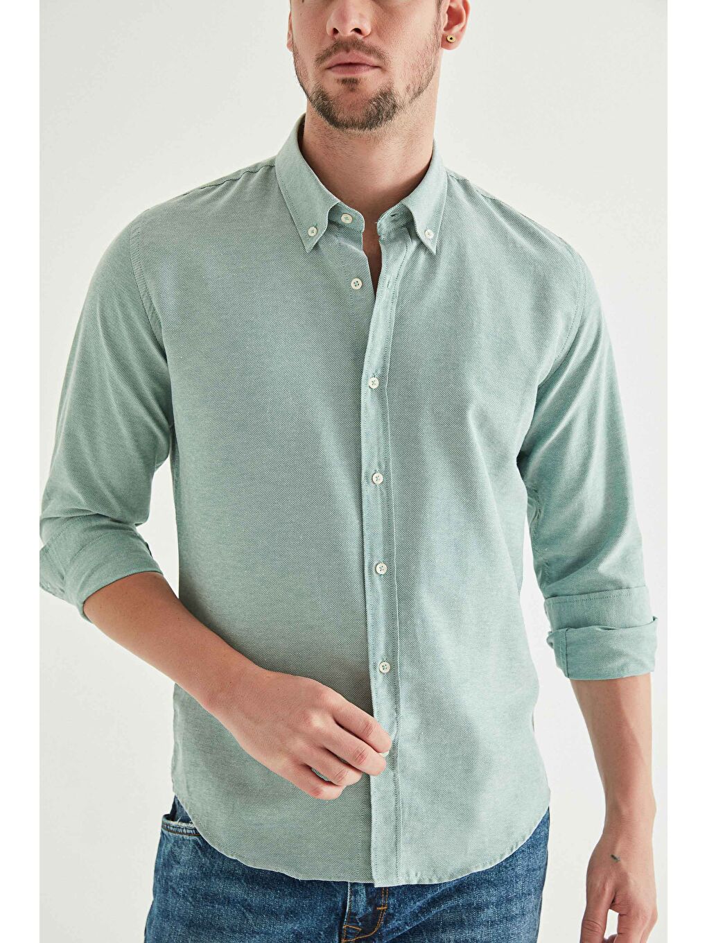 Slim Fit Yeşil Armürlü Düğmeli Yaka Pamuklu Gömlek-1