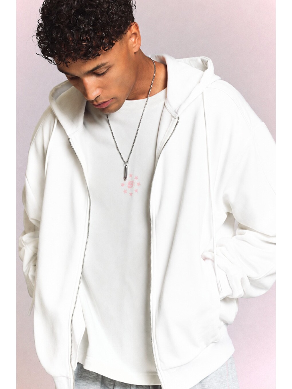 Beyaz Erkek 3 İplik Şardonlu Regular Fermuarlı Kapüşonlu Sweatshirt – Kalın Kışlık Hoodie