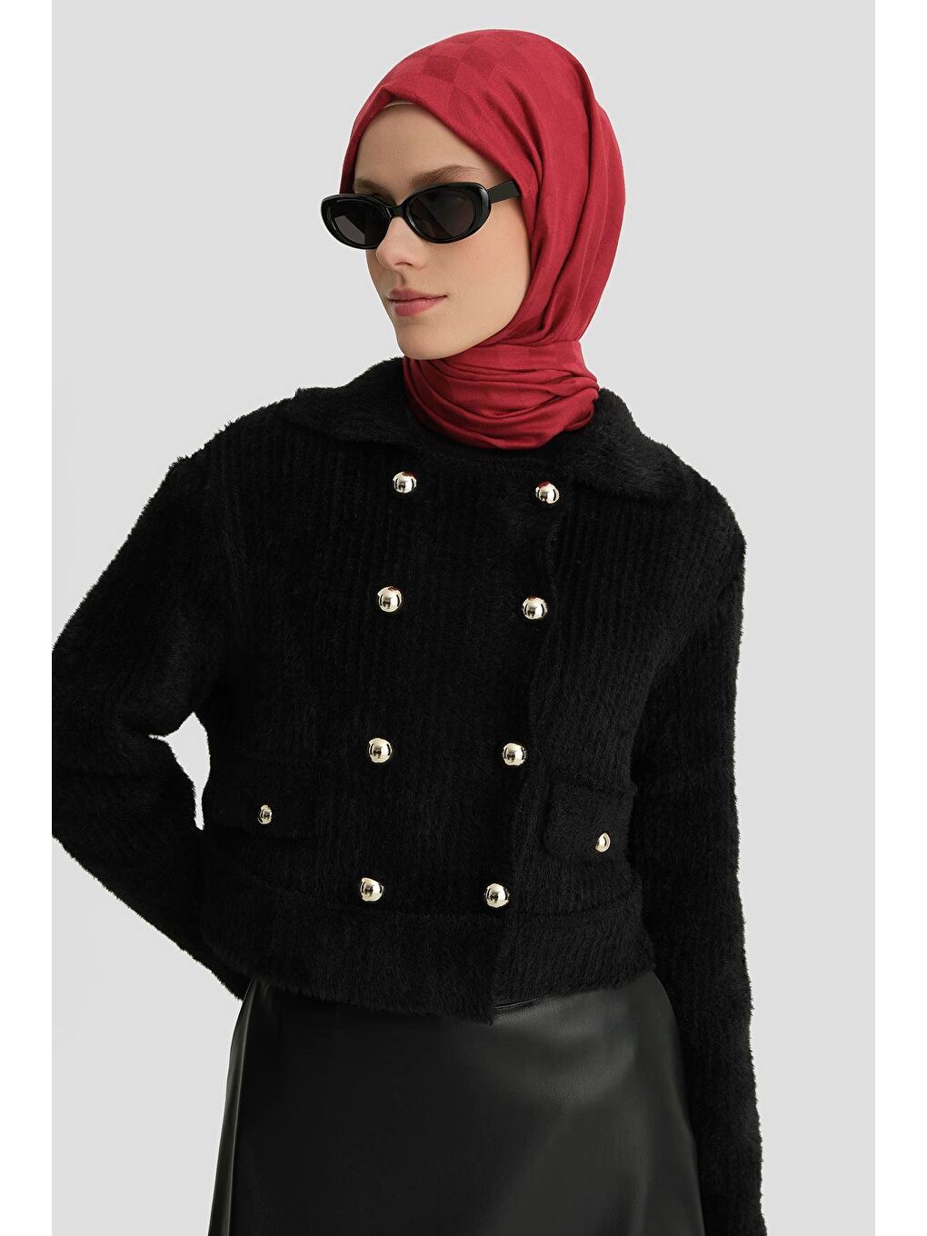 Tüylü Triko Ceket 24K5718 Siyah-3