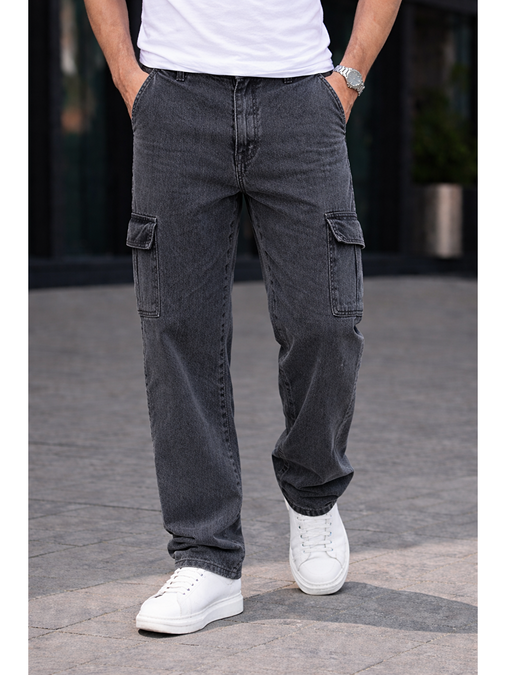 Erkek Trend Bol Paça Günlük Kargo Antrasit Baggy Pantolon
