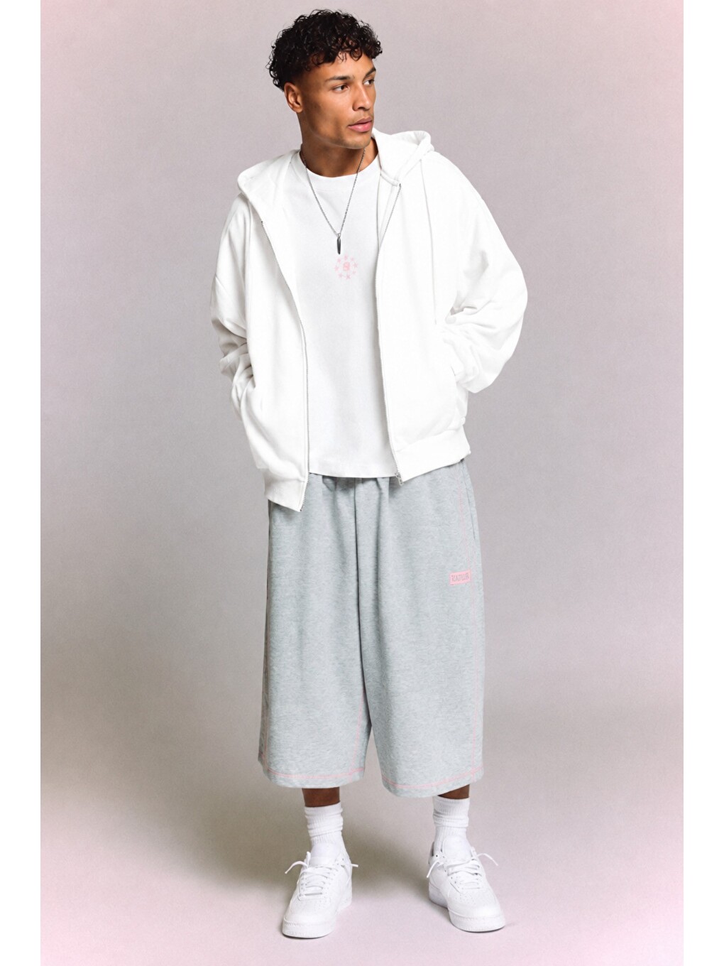 Beyaz Erkek 3 İplik Şardonlu Regular Fermuarlı Kapüşonlu Sweatshirt – Kalın Kışlık Hoodie-1