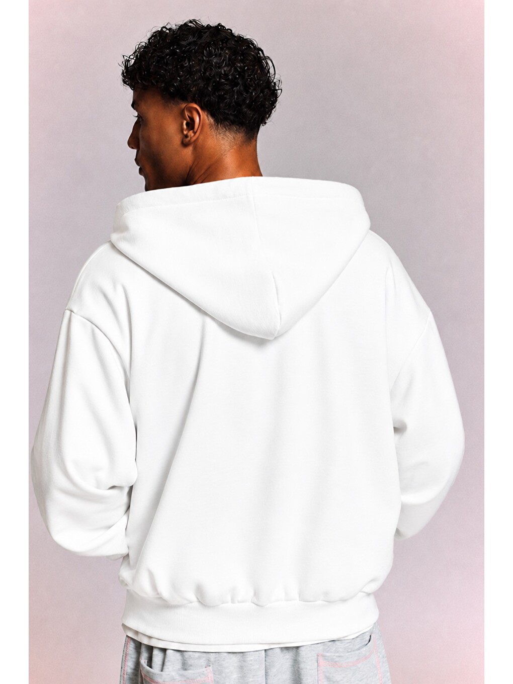 Beyaz Erkek 3 İplik Şardonlu Regular Fermuarlı Kapüşonlu Sweatshirt – Kalın Kışlık Hoodie-2