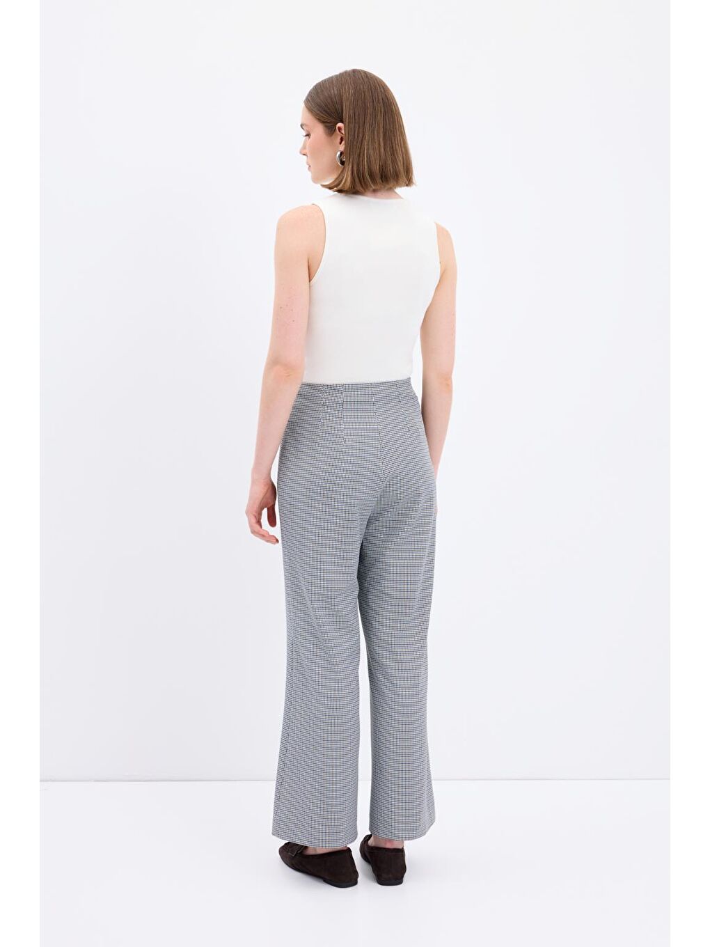 Yüksek Bel Fit Kesim Ekose Desenli Pantolon Lacivert-4