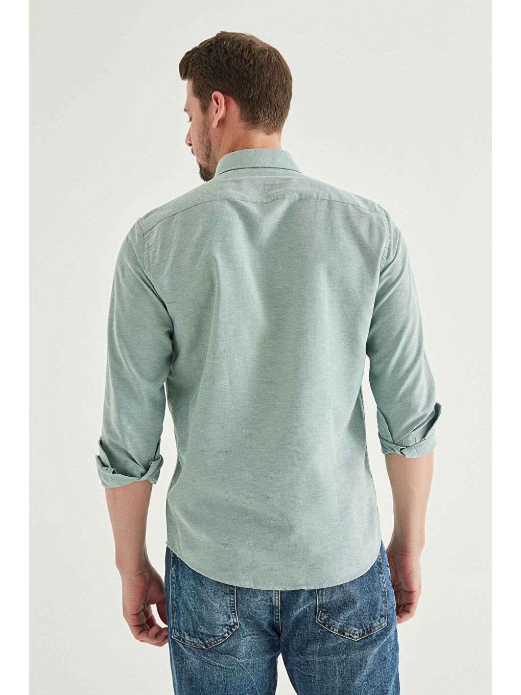 Slim Fit Yeşil Armürlü Düğmeli Yaka Pamuklu Gömlek-3