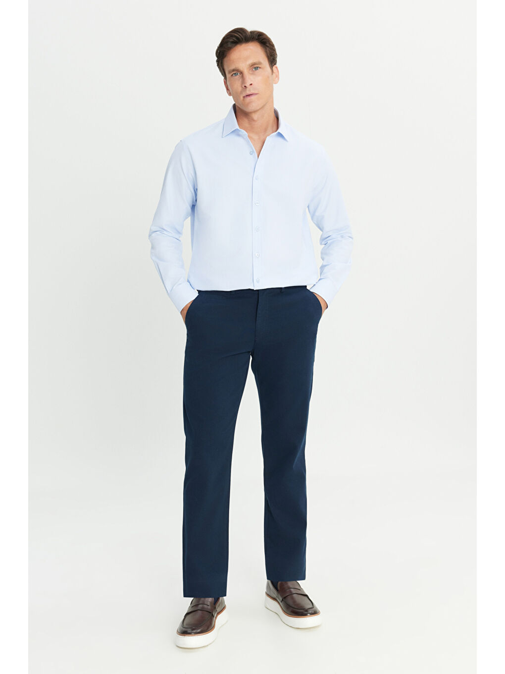 Erkek Lacivert Pamuklu Comfort Fit Rahat Kesim Yan Cepli Armürlü Esnek Pantolon-1