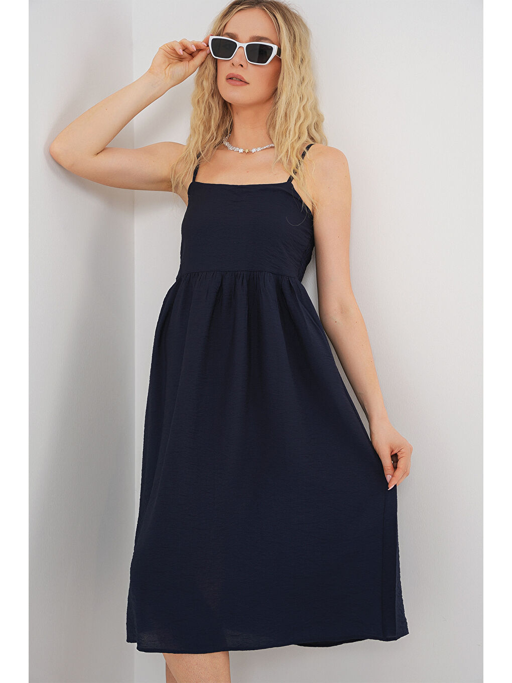 Kadın Askılı Ayrobin Elbise 2565 - Lacivert-2