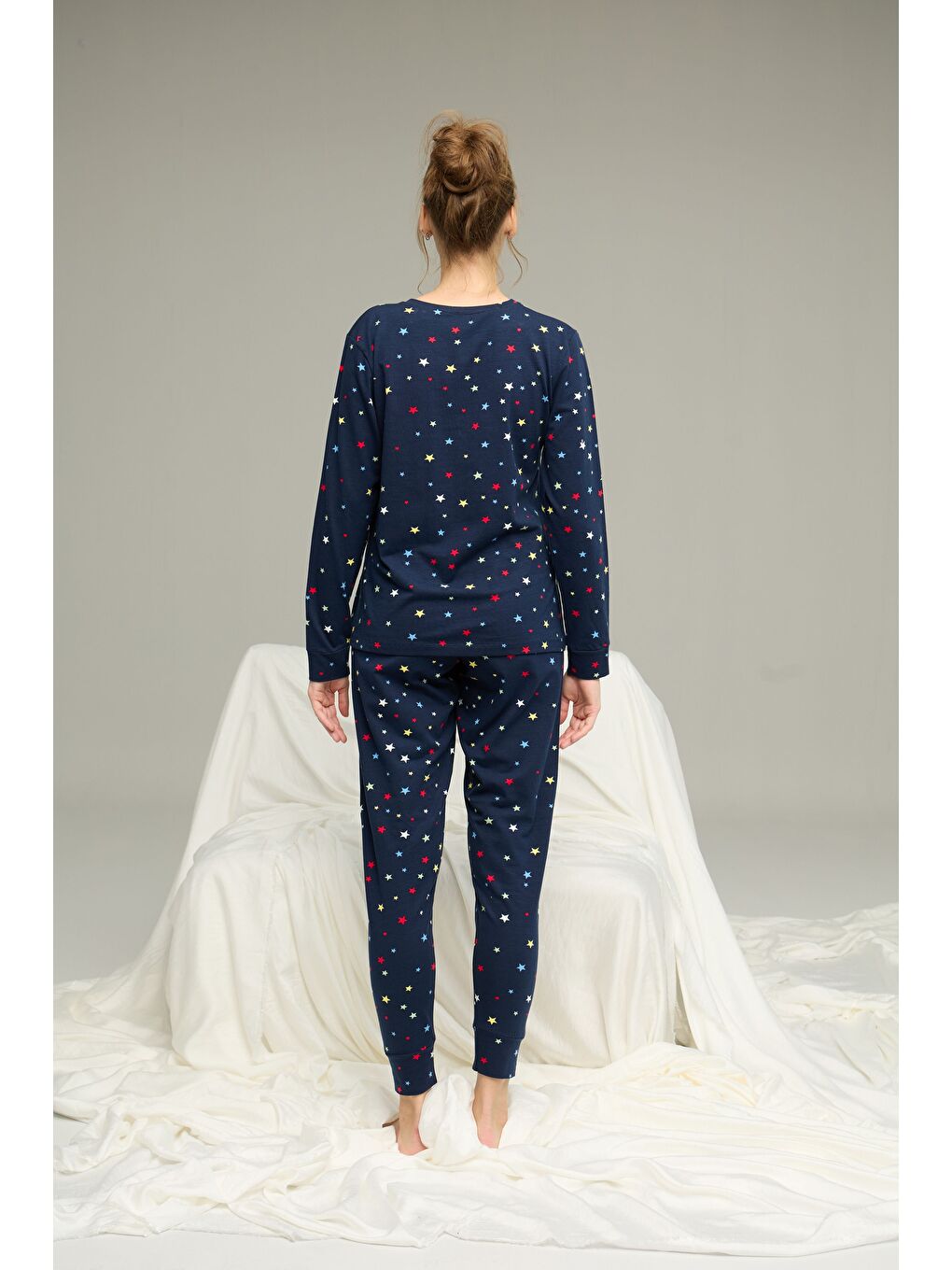 Lacivert Yıldız Desenli Pamuklu Bisiklet Yaka Örme Pijama Takım25241130-1