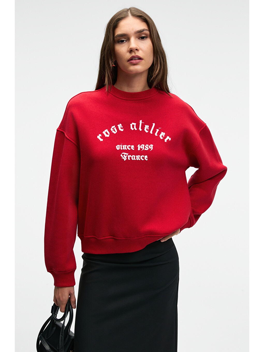 Morevessa Kadın Regular Fit Baskı Detaylı Yuvarlak Yakalı Kırmızı Sweatshirt-3