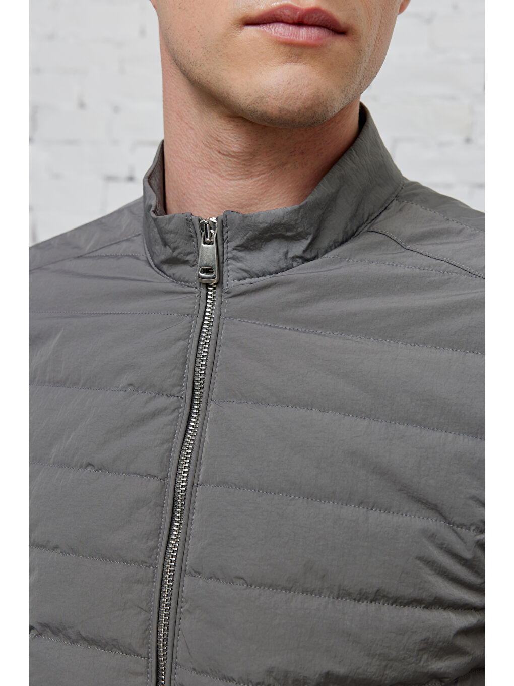 Erkek Gri Standart Fit Normal Kesim Dik Yaka Desenli Mont-8