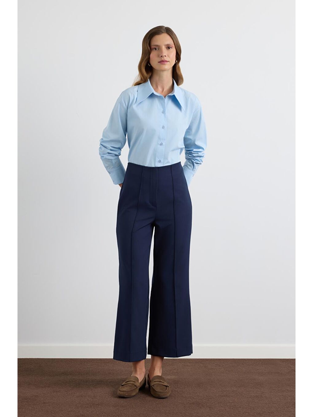 Yüksek Bel Fit Kesim Krep Pantolon Lacivert-1