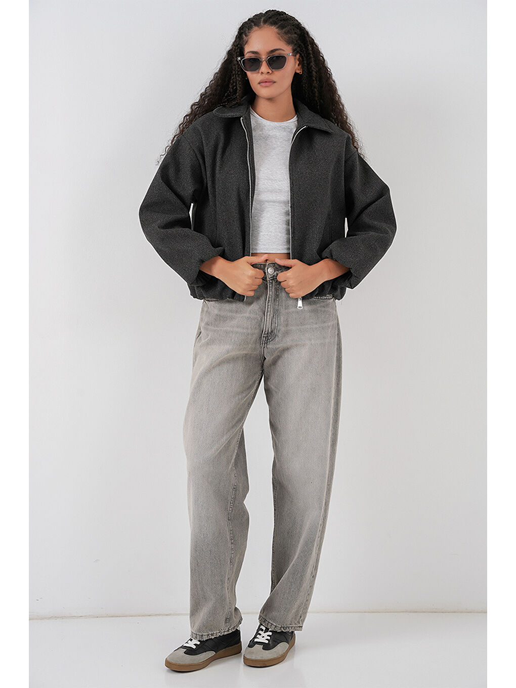 Kadın Büzgülü Oversize Kaşe Ceket 0728 - Antrasit-1