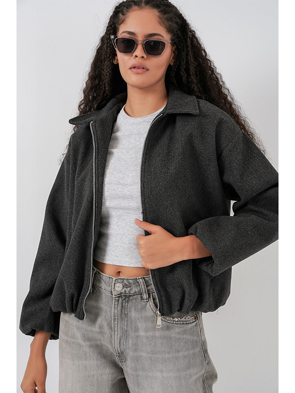 Kadın Büzgülü Oversize Kaşe Ceket 0728 - Antrasit-2