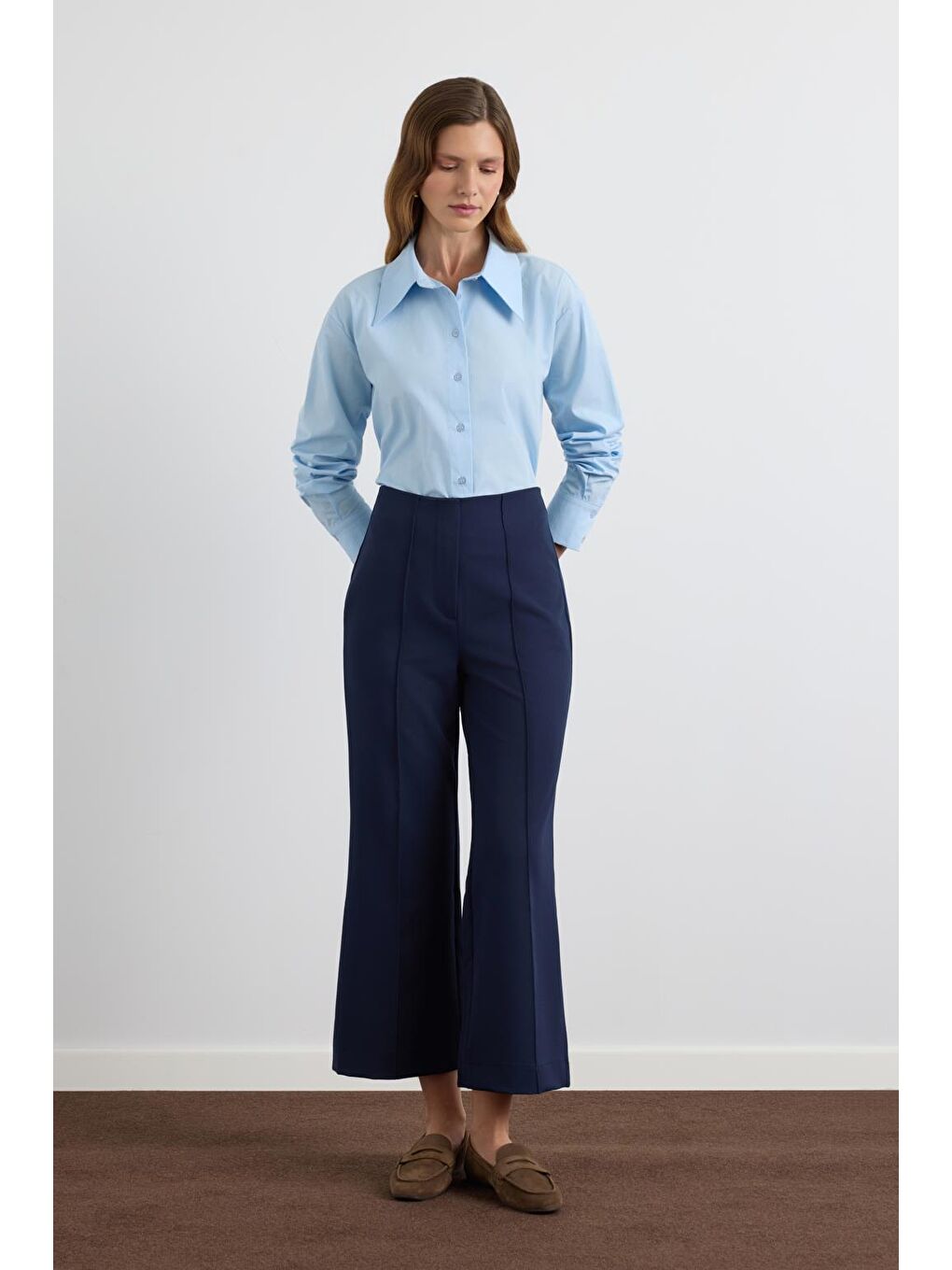 Yüksek Bel Fit Kesim Krep Pantolon Lacivert-2