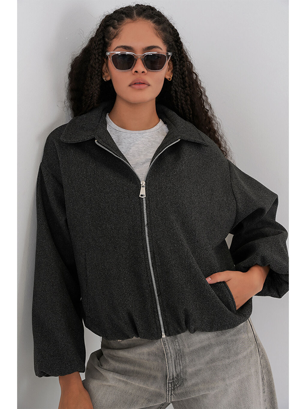 Kadın Büzgülü Oversize Kaşe Ceket 0728 - Antrasit-3