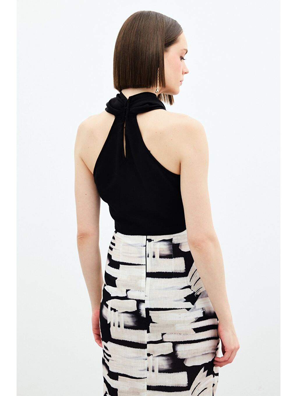 Halter Yaka Keten Crop Bluz - Siyah-6