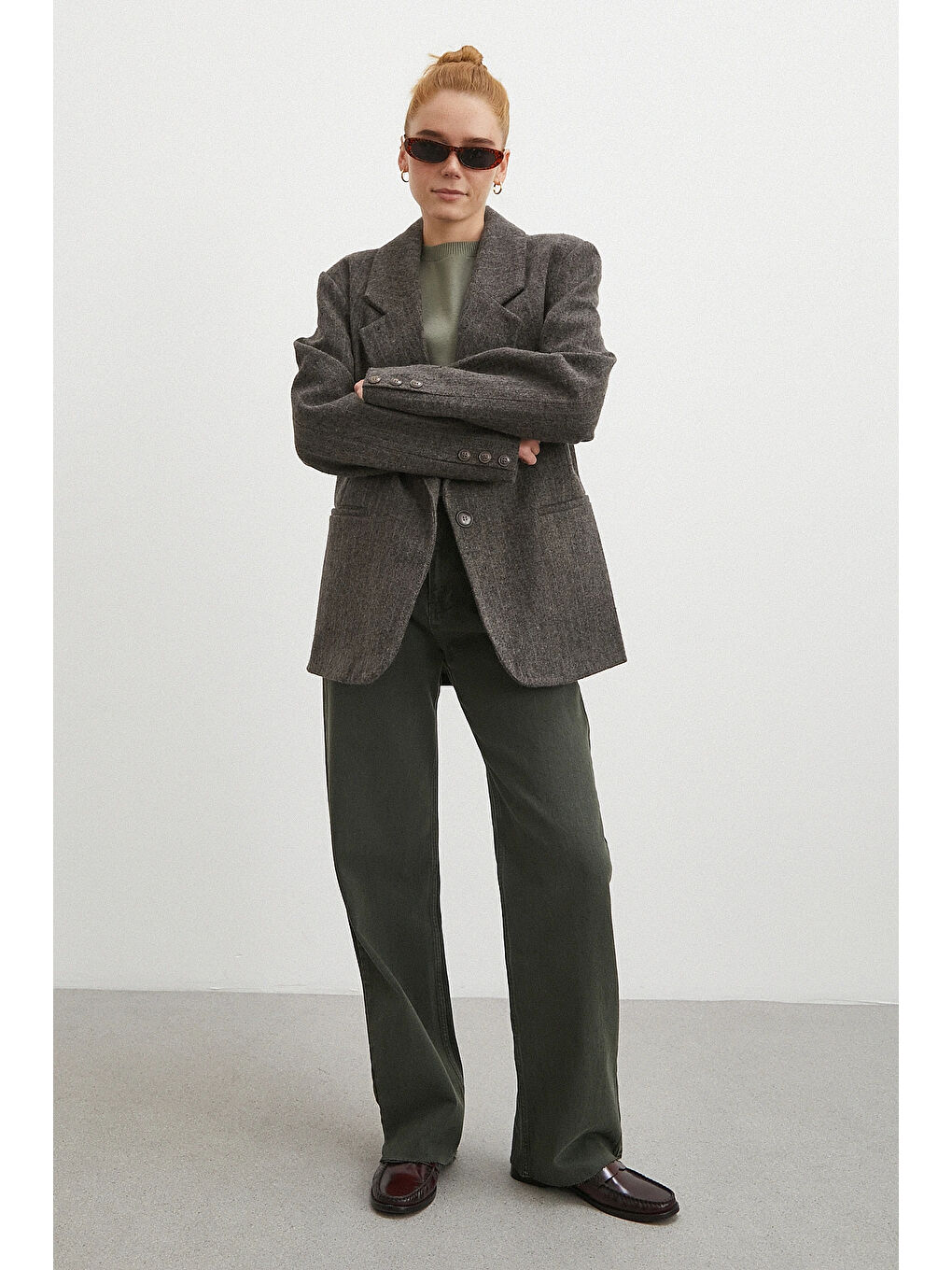 Yüksek Bel Kesik Boru Paça Jean Yeşil-1