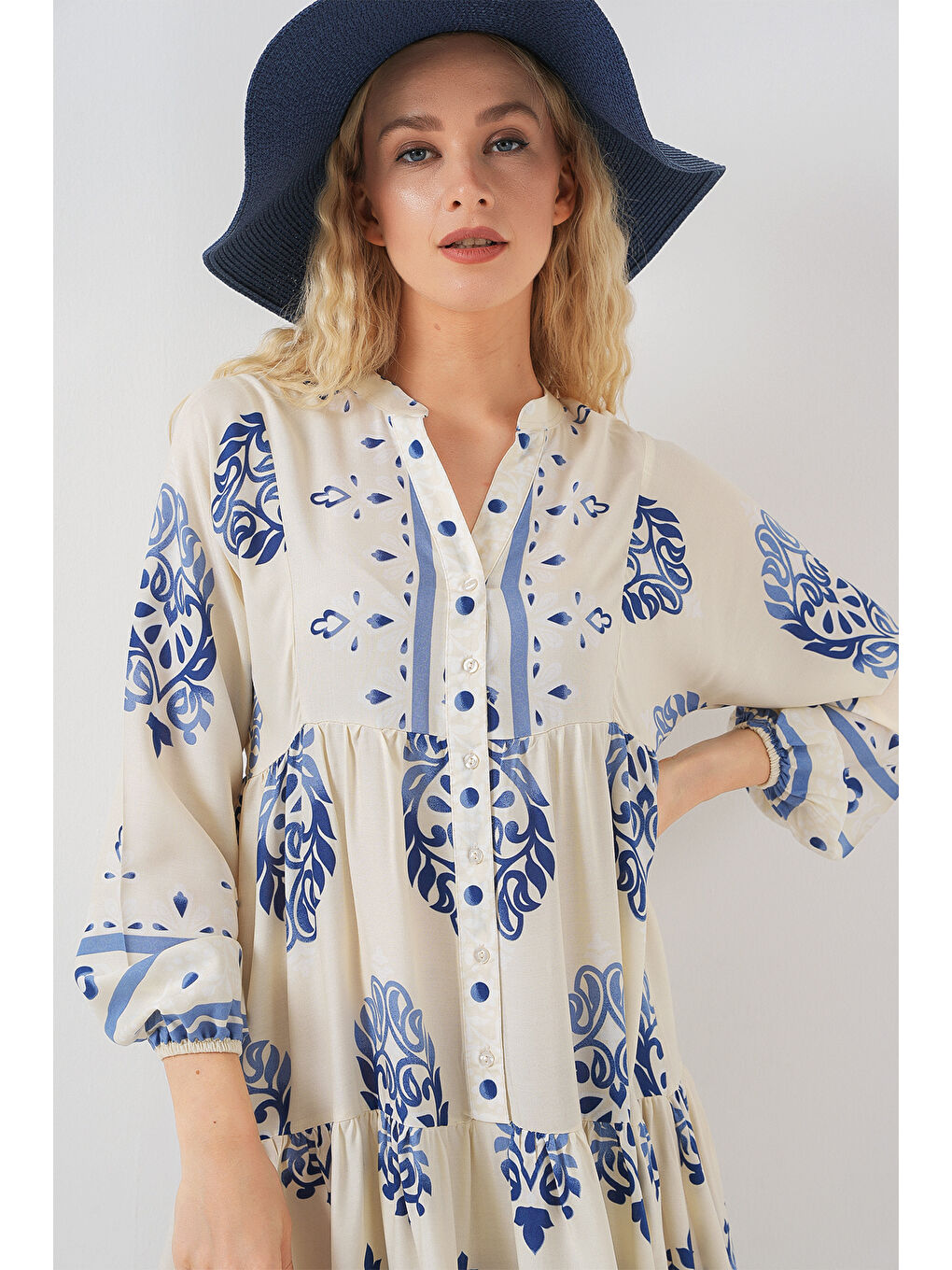 Ekru Kadın Desenli Uzun Tesettür Elbise 2585 - Krem-3