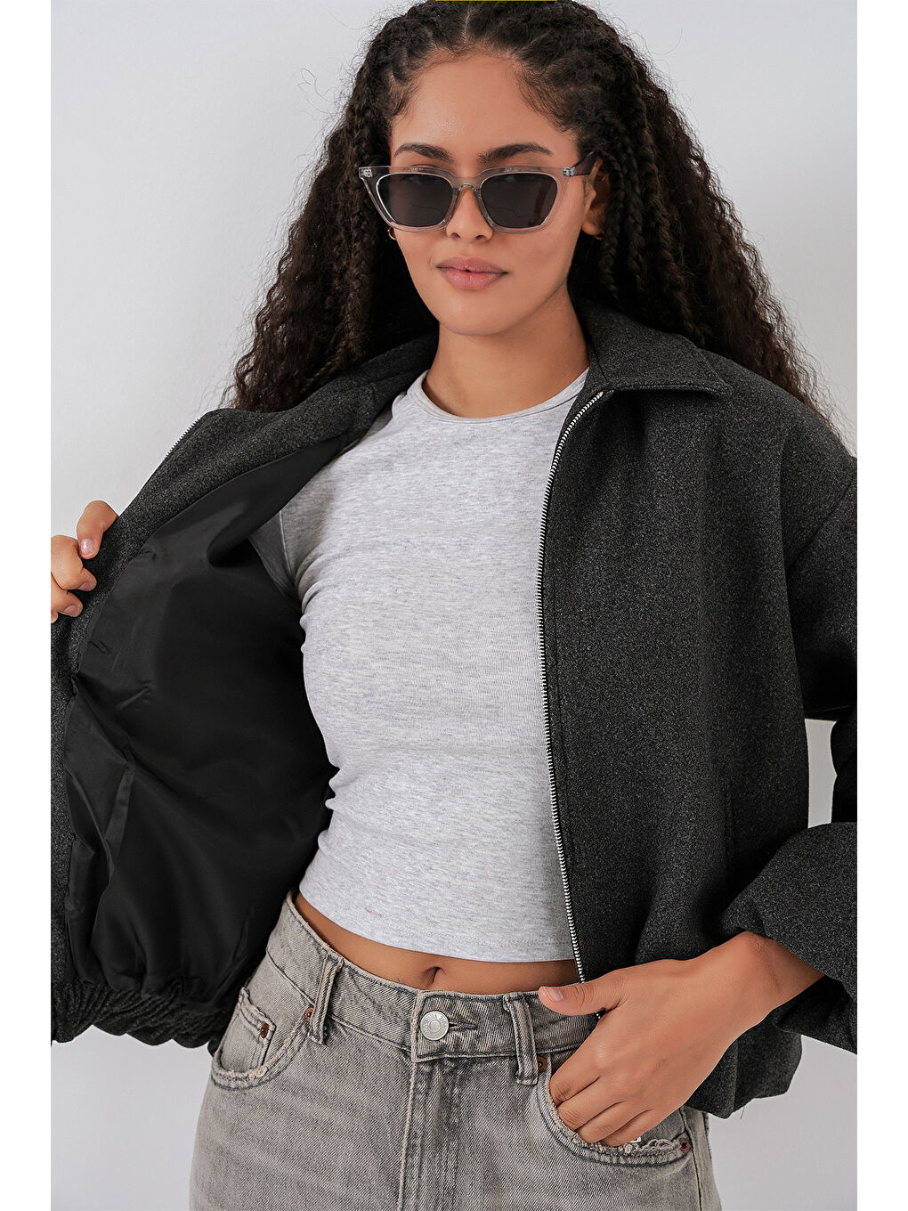 Kadın Büzgülü Oversize Kaşe Ceket 0728 - Antrasit-4