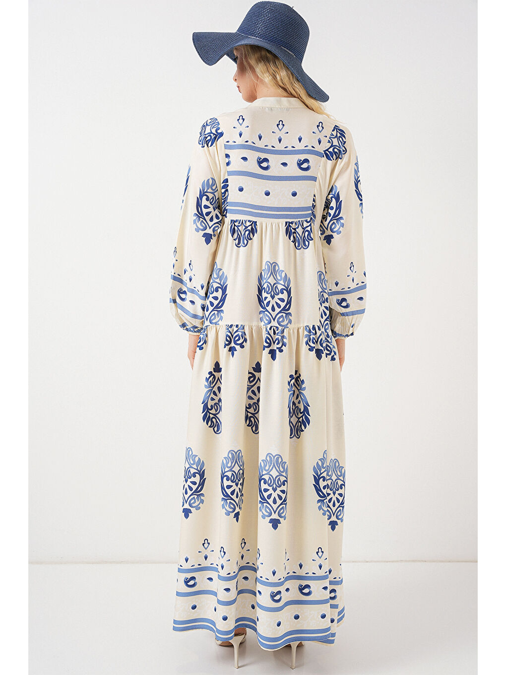Ekru Kadın Desenli Uzun Tesettür Elbise 2585 - Krem-5