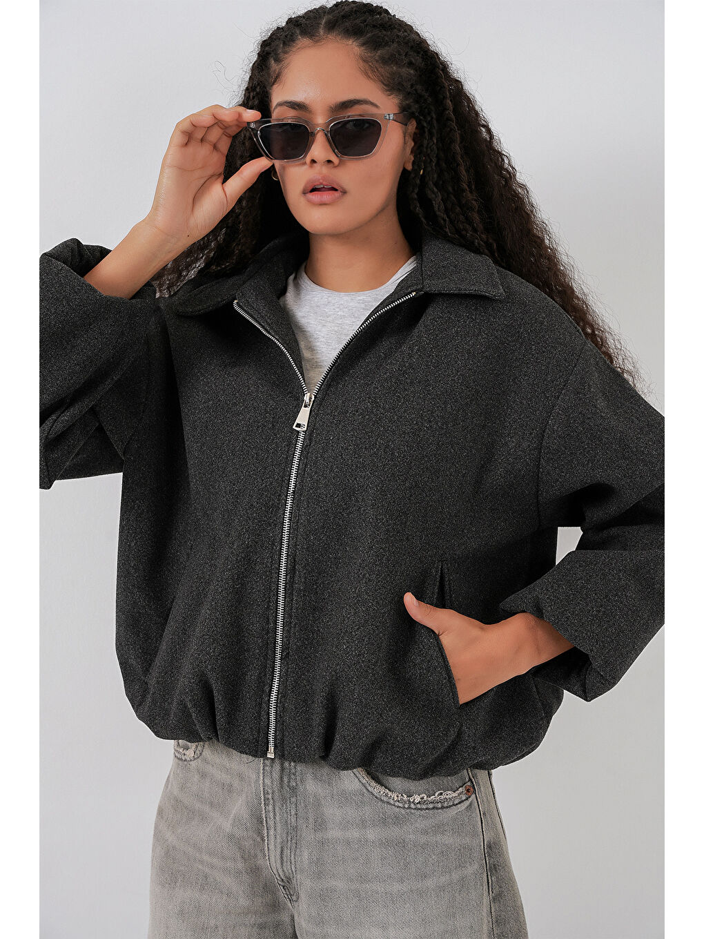 Kadın Büzgülü Oversize Kaşe Ceket 0728 - Antrasit-5