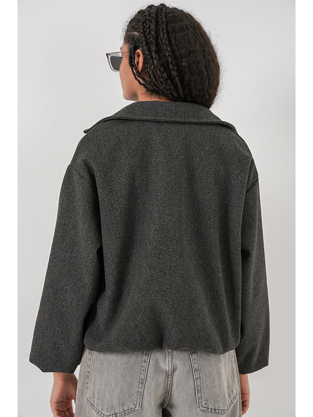 Kadın Büzgülü Oversize Kaşe Ceket 0728 - Antrasit-7