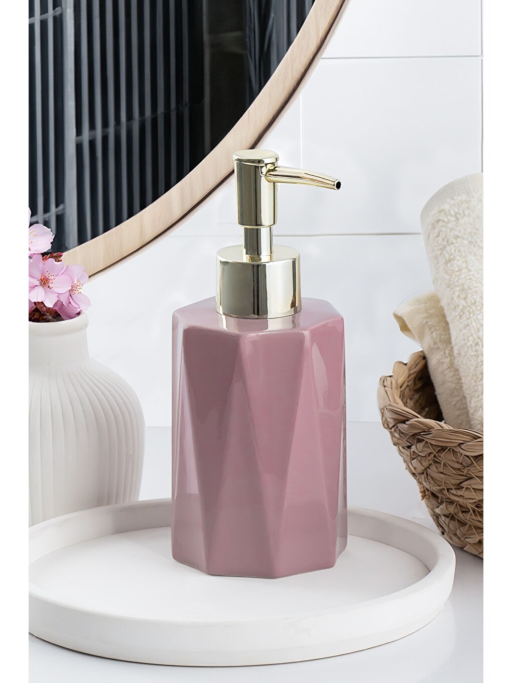 Pembe 3205 Seramik Sıvı Sabunluk - Tezgah Üstü Banyo Mutfak Lavabo Sabunluğu - 250 Cc Pudra-1