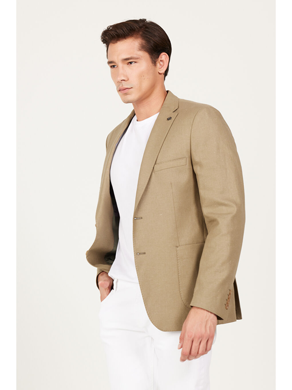 Erkek Haki Slim Fit Dar Kesim Mono Yaka Desenli Ceket-2