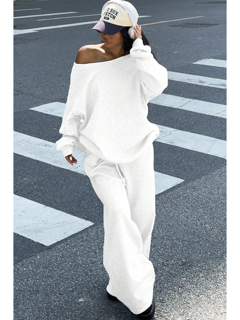 Kadın Beyaz Düşük Omuz Yumuşak Basic Sweat Eşofman Takımı-4