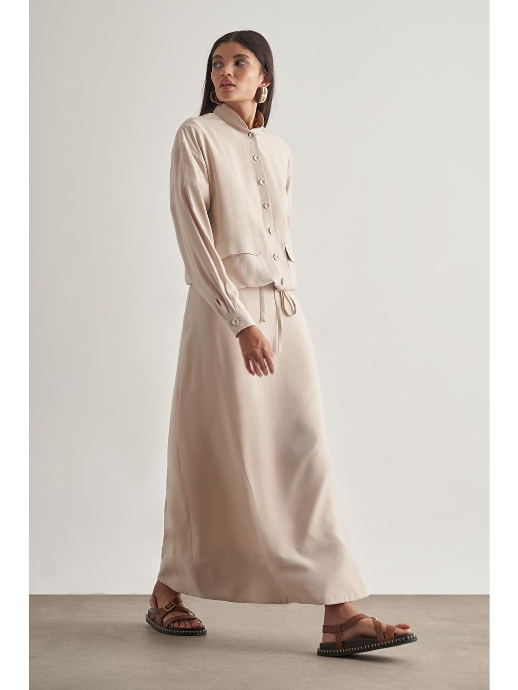 Bej Modal Karışımlı Taş Rengi Maksi Evaze Etek-1