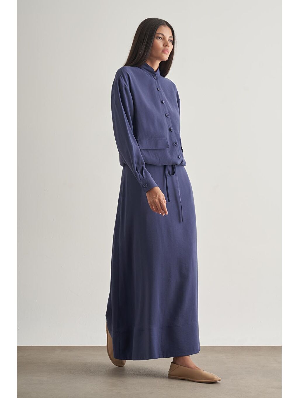 Modal Karışımlı İndigo Mavi Maksi Evaze Etek