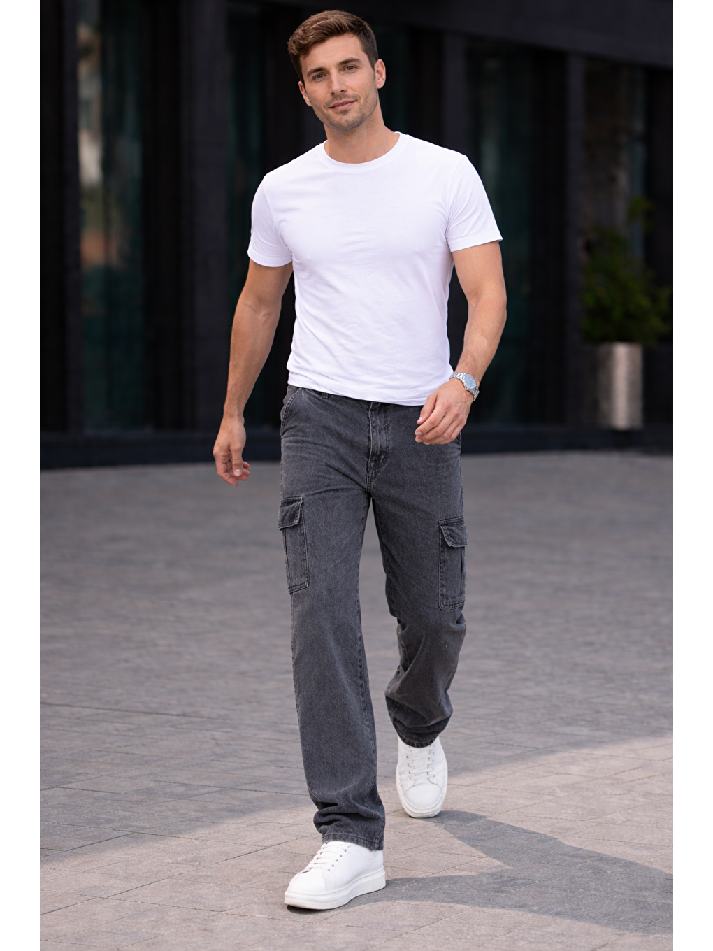 Erkek Trend Bol Paça Günlük Kargo Antrasit Baggy Pantolon-3