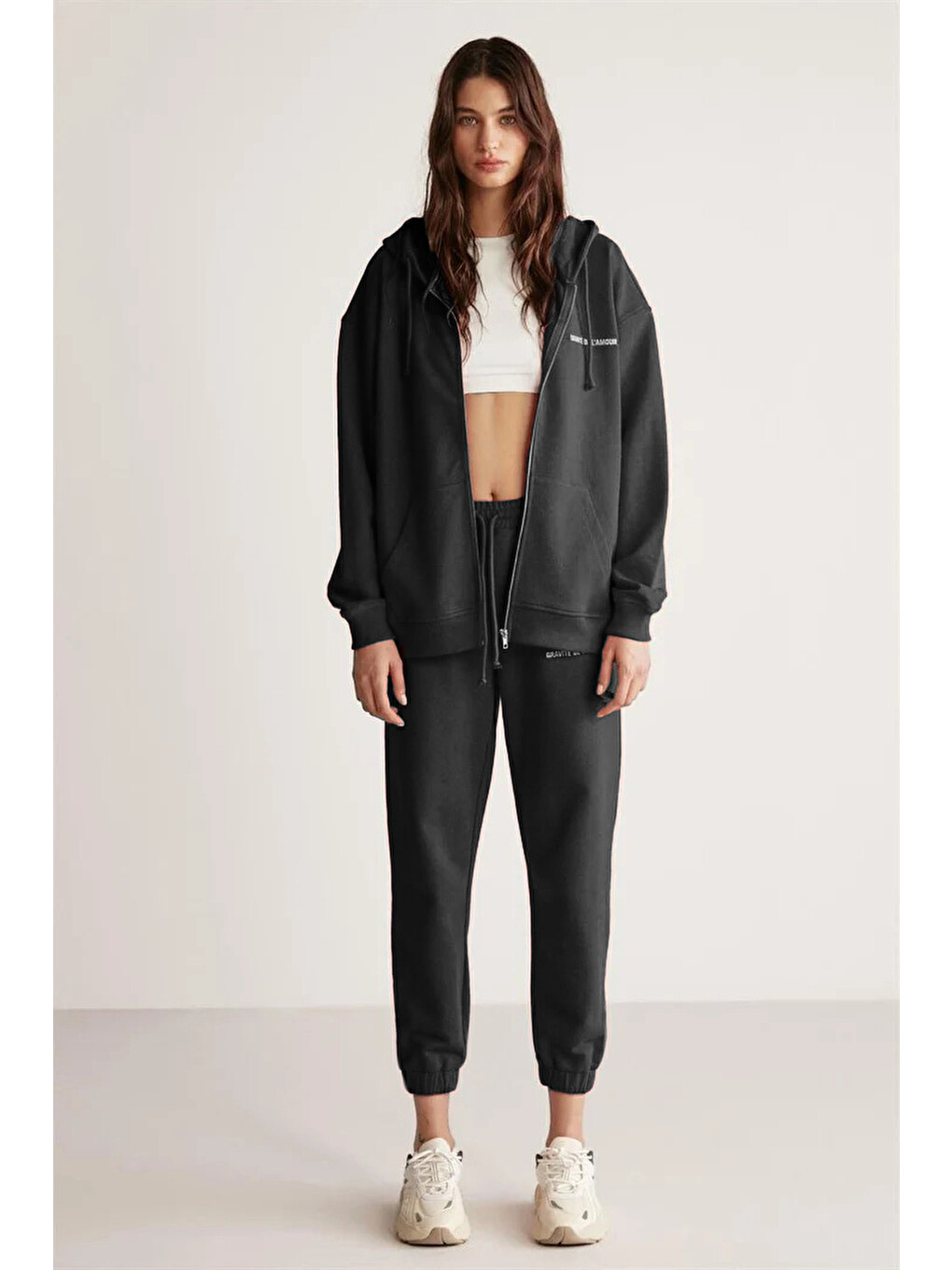 Ametıs Kadın Oversize Organik Pamuklu Metal Fermuarlı Kapüşonlu Siyah Sweatshirt-2