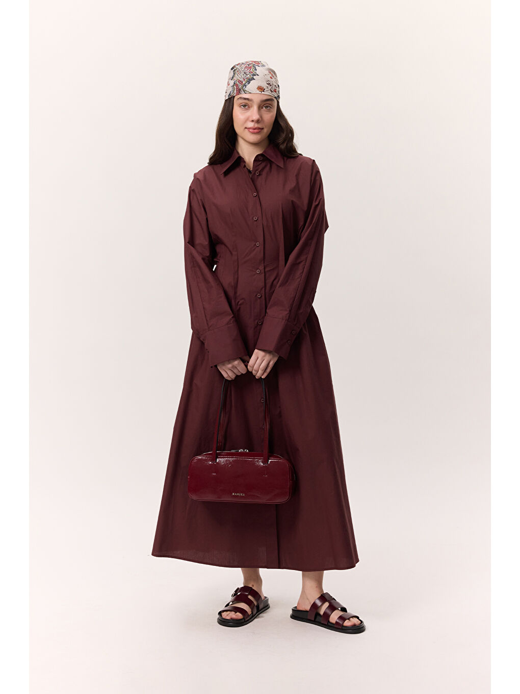 Pile Detaylı Gömlek Elbise Bordo