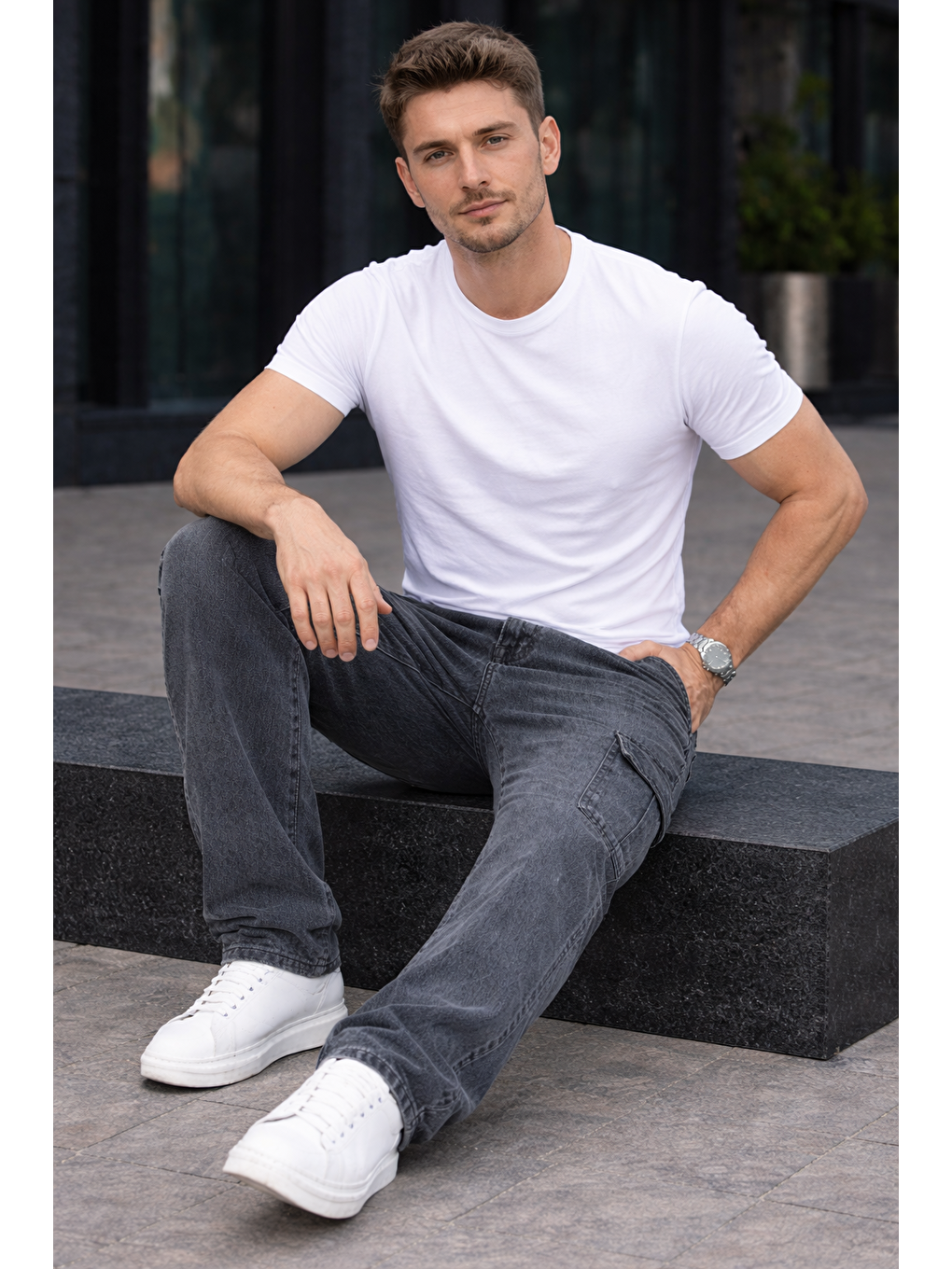 Erkek Trend Bol Paça Günlük Kargo Antrasit Baggy Pantolon-4