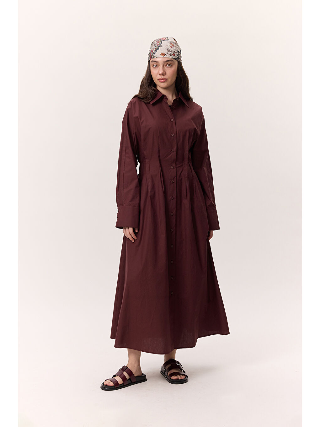 Pile Detaylı Gömlek Elbise Bordo-2