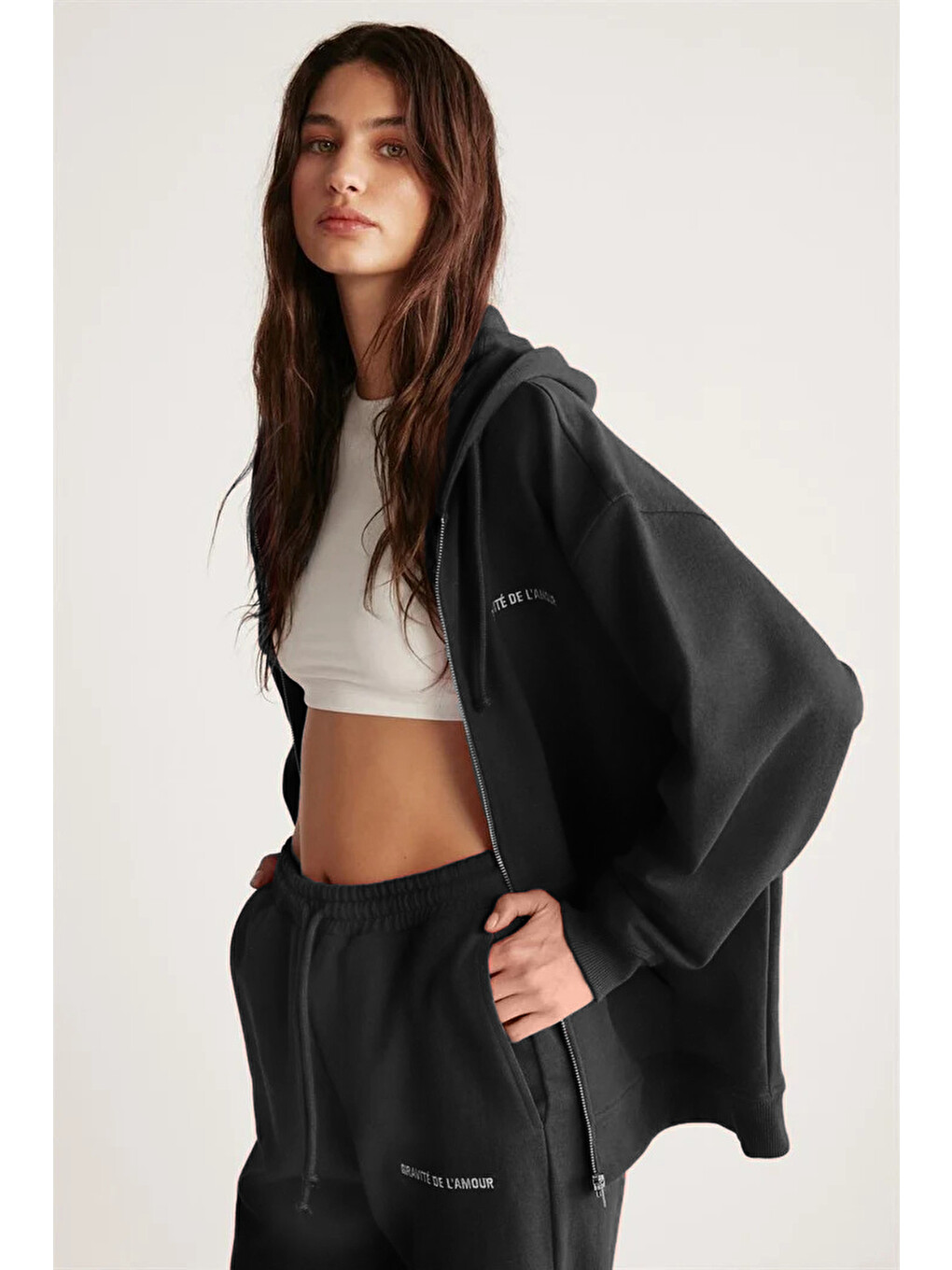 Ametıs Kadın Oversize Organik Pamuklu Metal Fermuarlı Kapüşonlu Siyah Sweatshirt-3