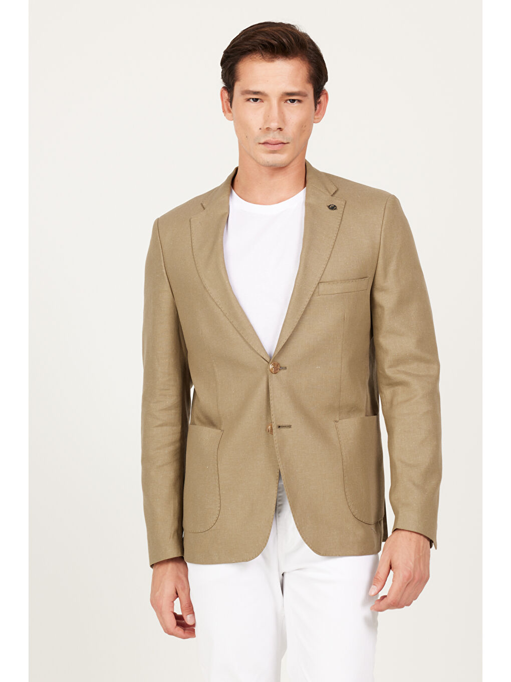 Erkek Haki Slim Fit Dar Kesim Mono Yaka Desenli Ceket-3