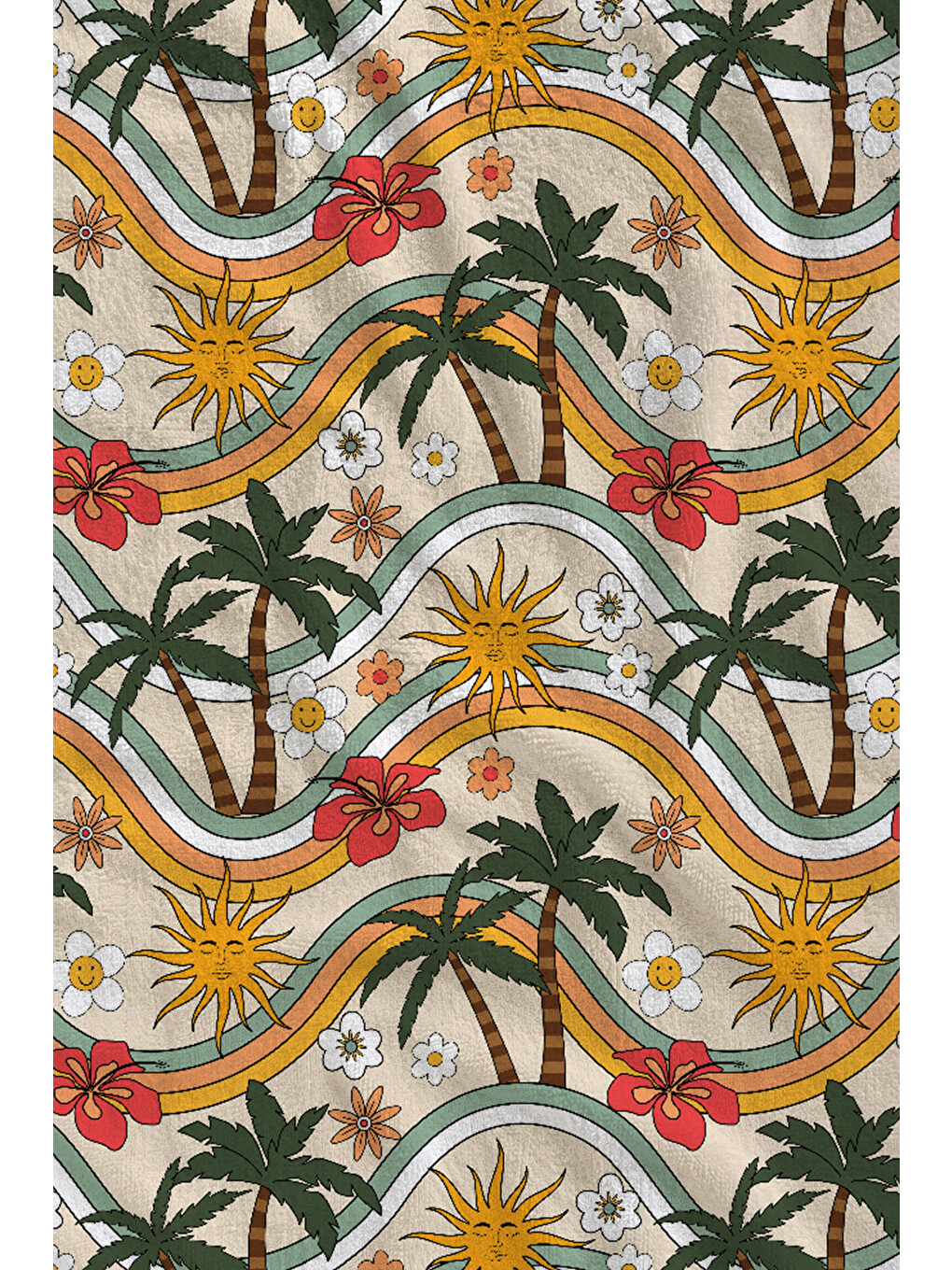 Krem Turuncu Yeşil Palmiye Desenli 70x150 Cm Dijital Baskılı Plaj Ve Banyo Havlusu-1
