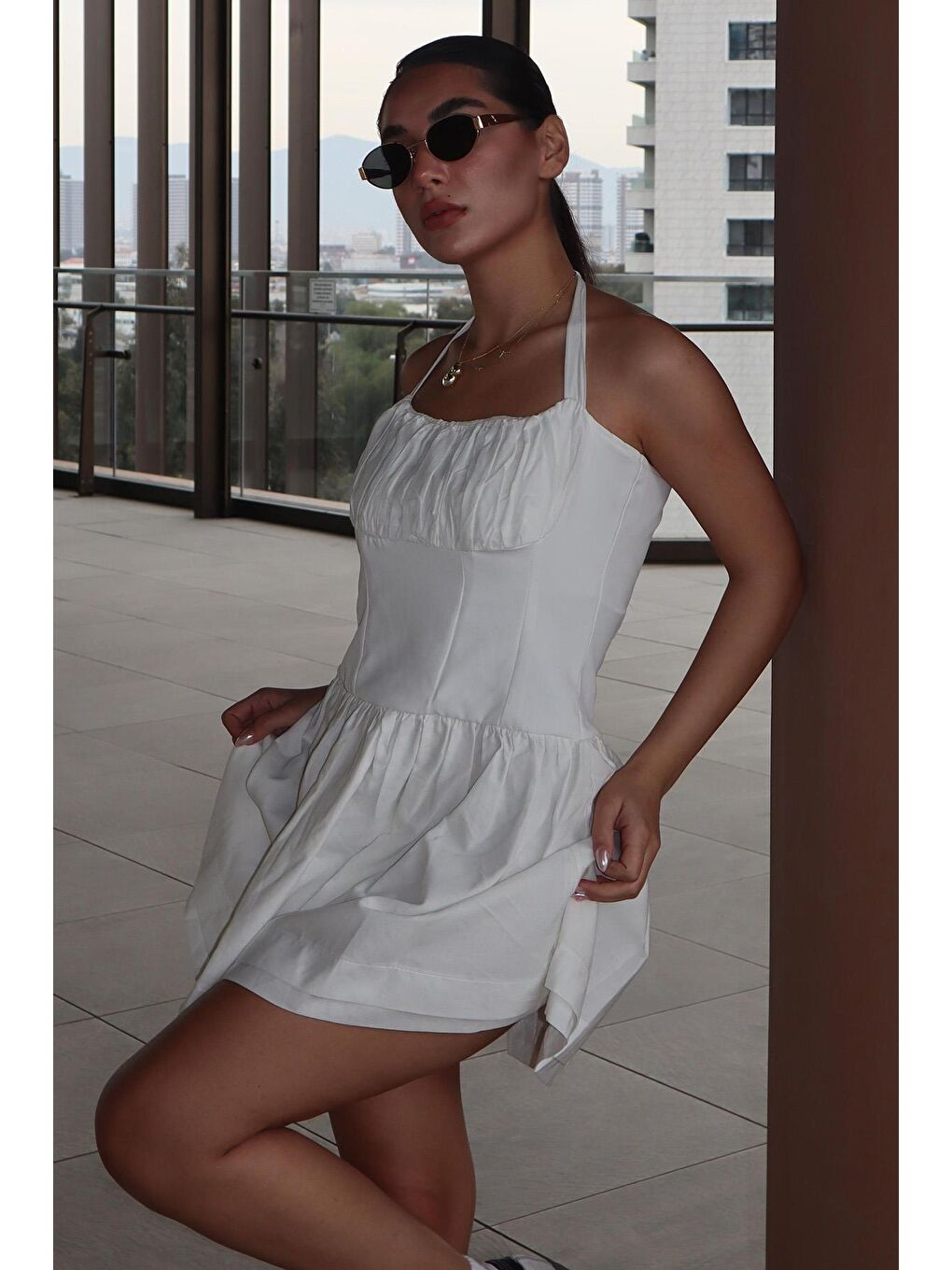 Beyaz Boyundan Bağlamalı Mini Elbise Mg2353-3