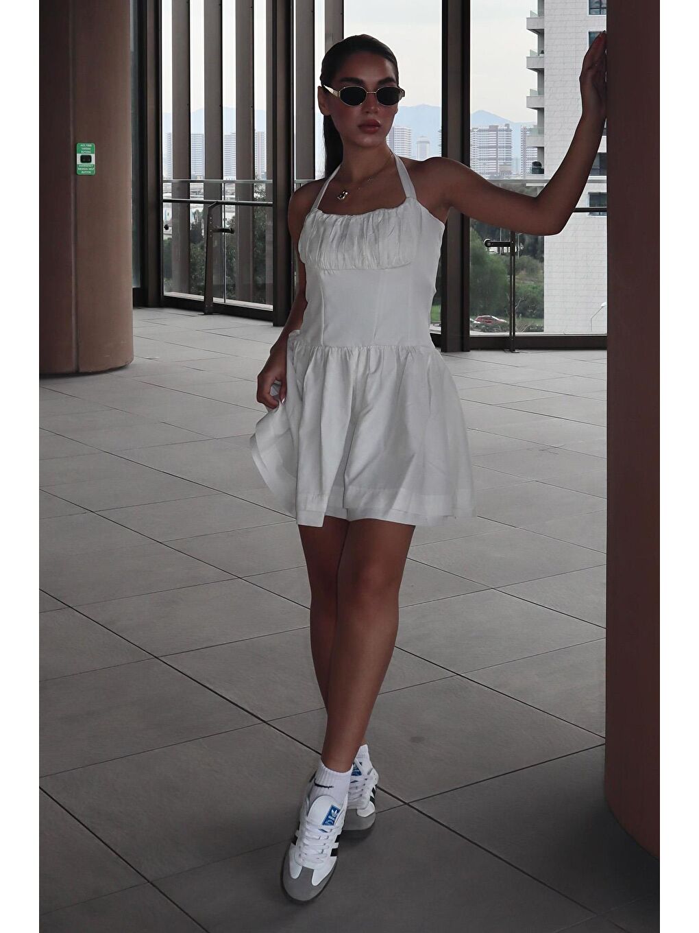 Beyaz Boyundan Bağlamalı Mini Elbise Mg2353-4