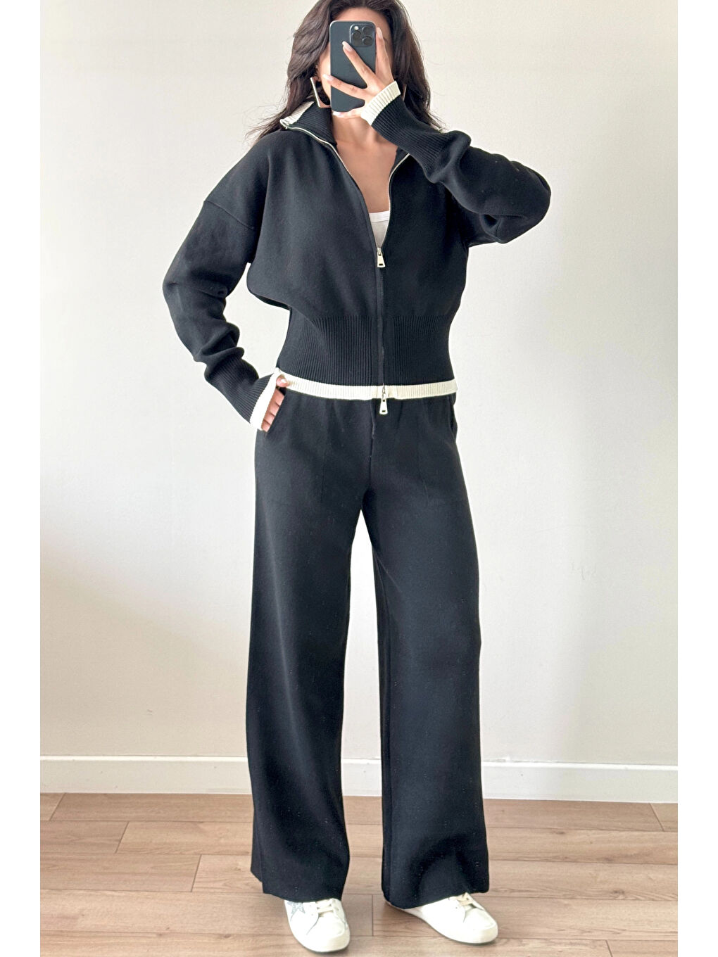 Kadın Siyah Fermuarlı Triko Takım 0999-9508-4