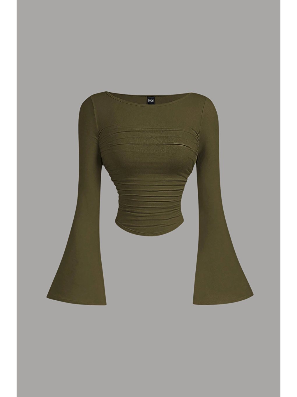 Kadın Haki Elastanlı Drapeli Uzun İspanyol Kollu Crop Bluz