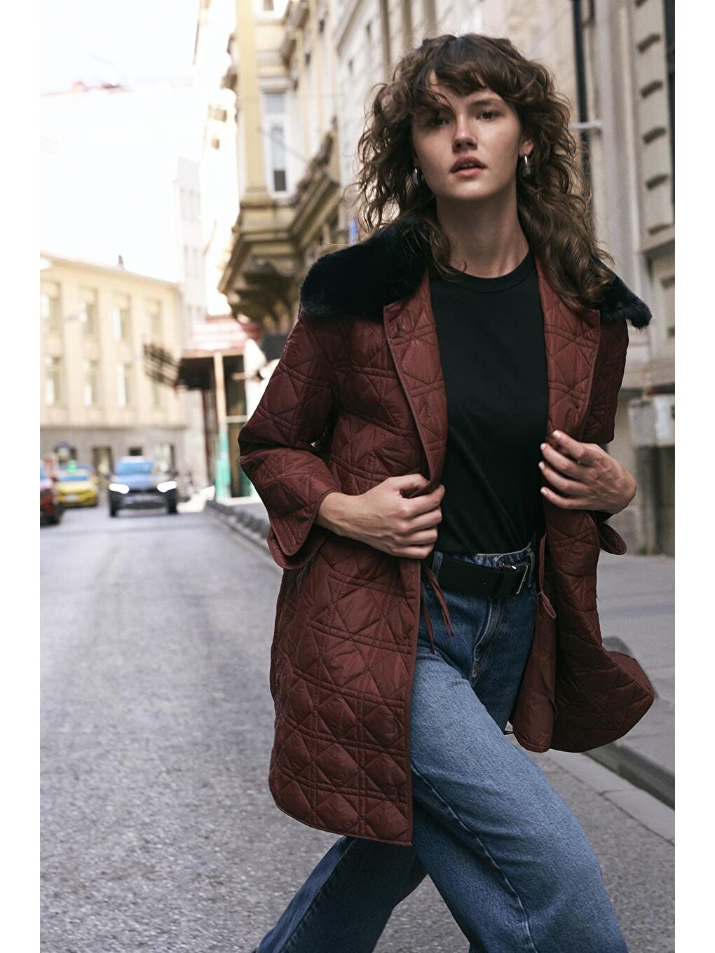 Kürk Yakalı Cepli Kapitone Mont Bordo-2