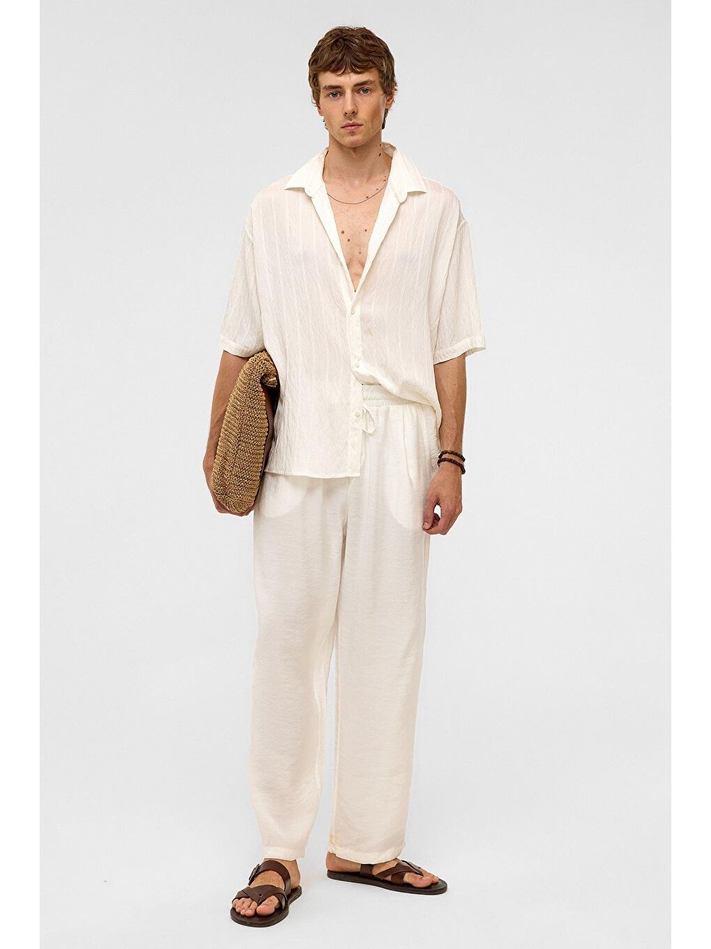 Oversize Çizgili Kısa Kollu Modal Kumaş Gömlek Beyaz-1