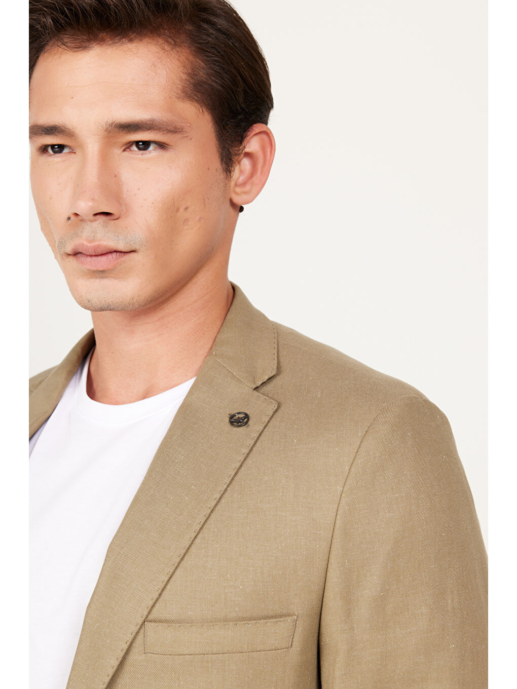 Erkek Haki Slim Fit Dar Kesim Mono Yaka Desenli Ceket-4