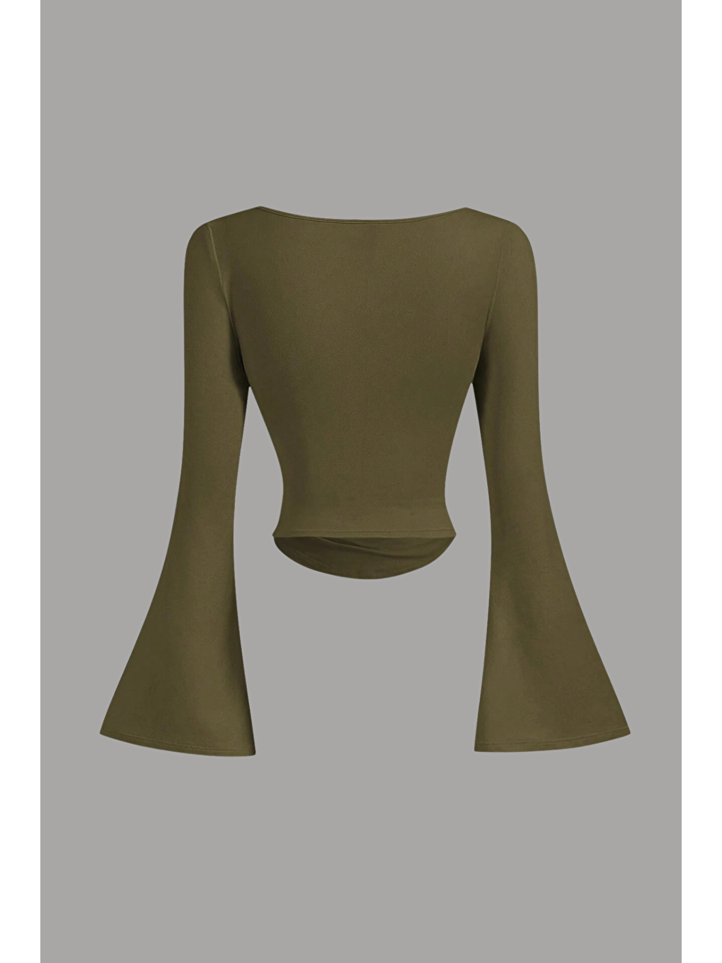 Kadın Haki Elastanlı Drapeli Uzun İspanyol Kollu Crop Bluz-1