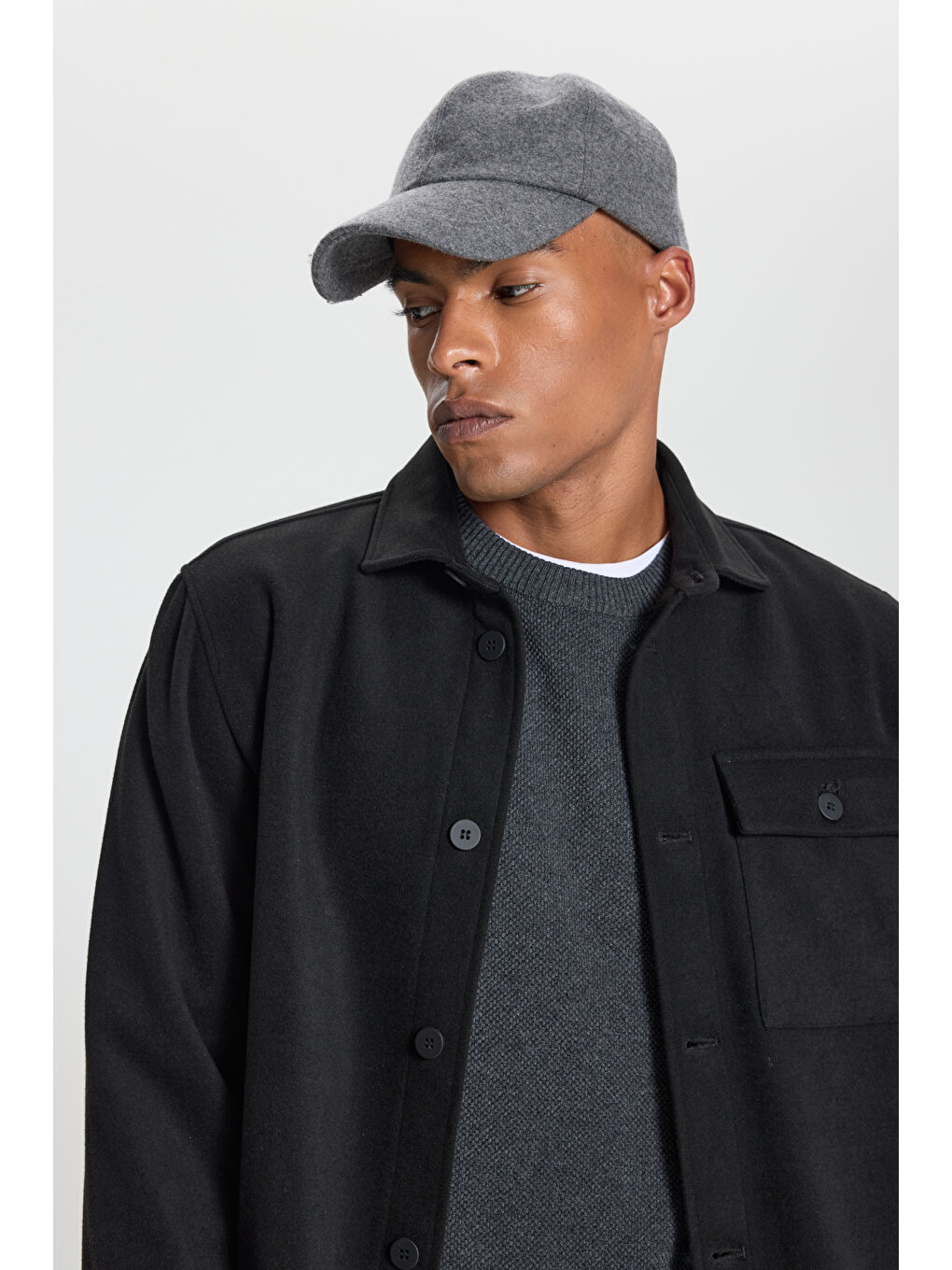Erkek Siyah Relax Fit Gömlek Yaka Cepli Polar Gömlek-4